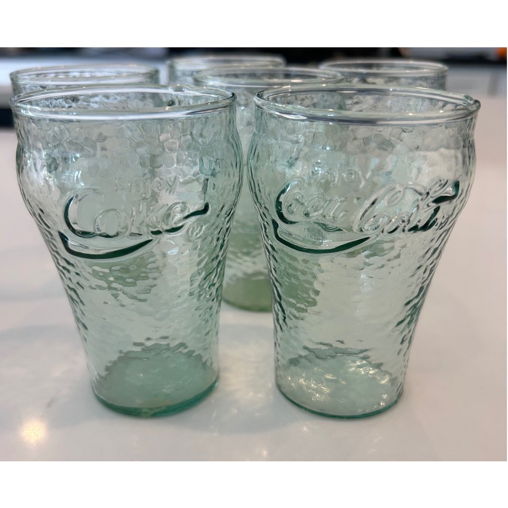 Vintage Coca-Cola 4in Set of 6 Drinking Glasses Green Pebbled Indiana Glass USA
